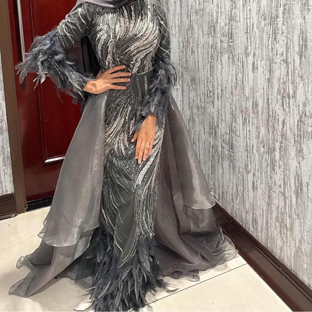 Elegant Silver Beaded Evening Dress/Wedding Guest Gown with Feathers